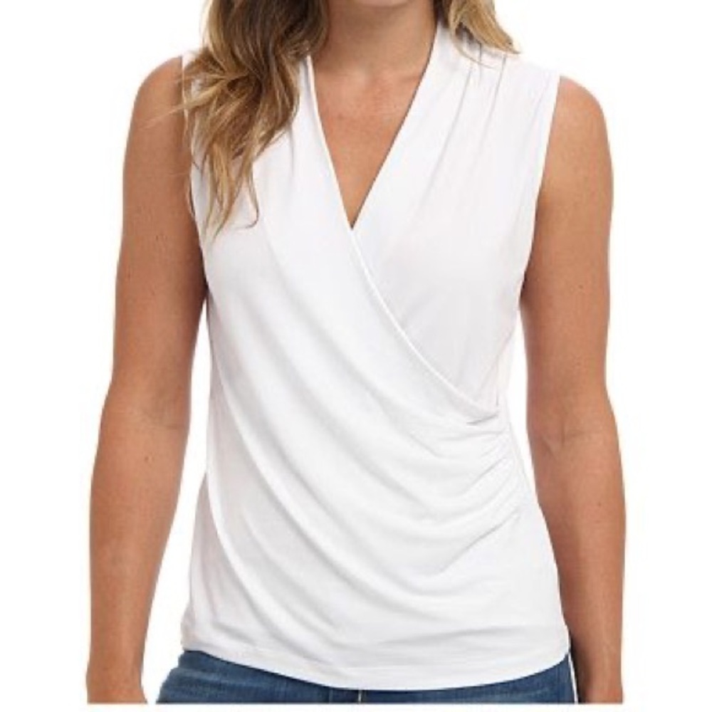 White Sleeveless Wrap Tank Top Ruched Side Stretch Knit Capsule Basic Timeless